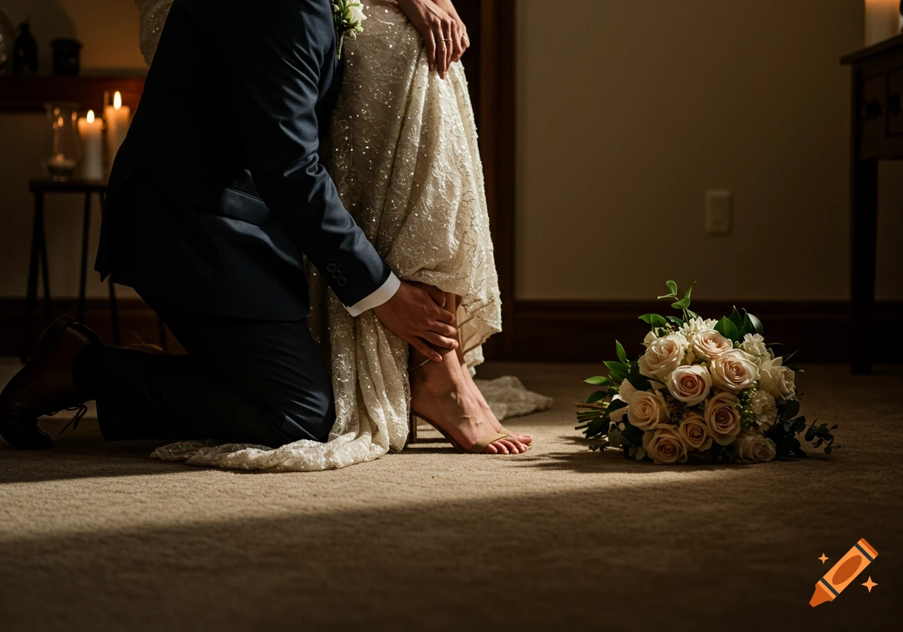 Groom kneels, gently holding the bride's foot while she stands, a bouquet of roses lies on the carpet in a softly lit room.