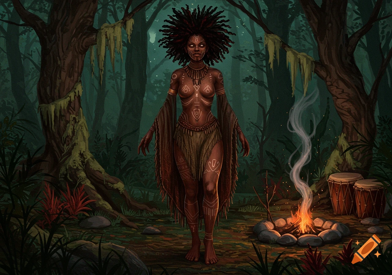 A tribal woman with dreadlocks and body paint stands in a dark jungle beside a campfire and drums.