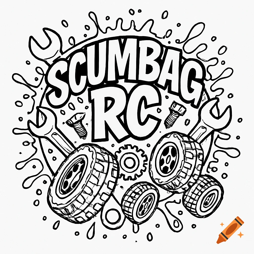 Black and white line art logo with 'SCUMBAG RC' text, wrenches, screws, tires, and paint splatters.
