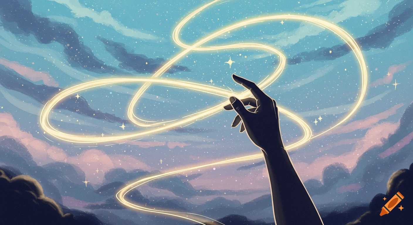 A stylized hand reaches upwards, drawing ethereal golden light trails across a starry, pastel-colored sky with soft clouds.