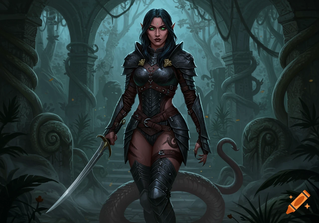 A dark-haired female yuan-ti warrior in black leather armor, holding a sword, stands in ancient jungle ruins.