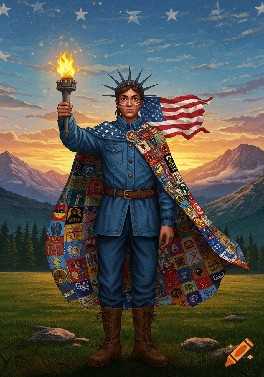 A personified Statue of Liberty in a denim uniform and American flag cape holds a flaming torch in a field at sunset.