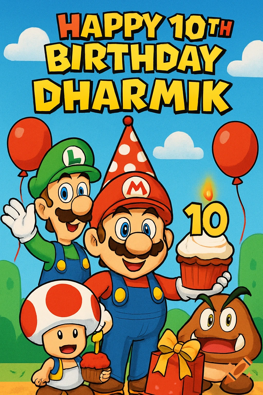 Cartoon of Mario, Luigi, Toad, and Goomba celebrating with balloons, cupcakes, and a gift. Text: 'Happy 10th Birthday Dharmik'.