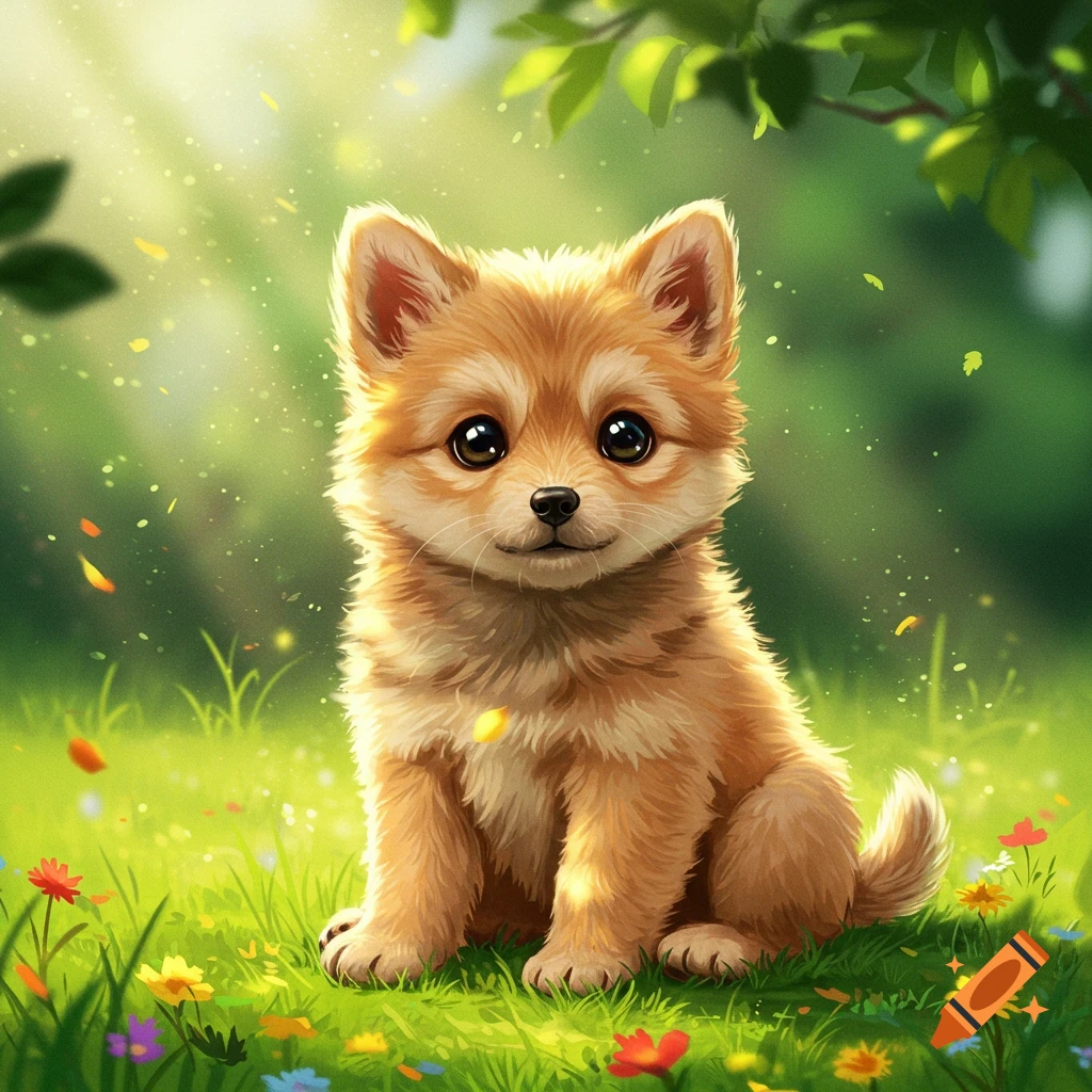 A cute, fluffy, light brown puppy with big eyes sits in a sunny green meadow with small colorful flowers.