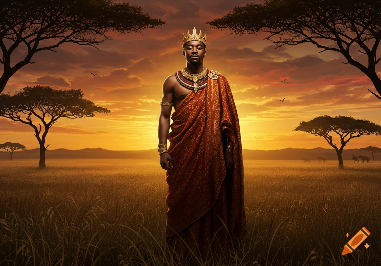 A majestic African king in a golden crown and elaborate traditional red and gold attire stands in a savanna at sunset, with acacia trees.