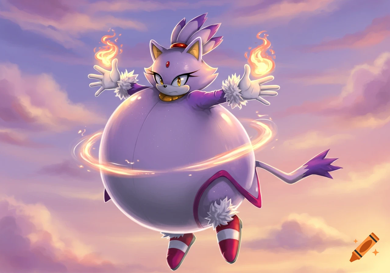 Blaze the Cat, a purple feline character, inflated like a balloon and floating amidst a cloudy sky, with flames emanating from her hands.