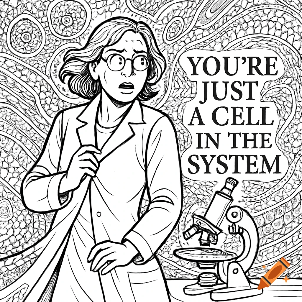 Black and white line drawing of a panicked scientist in a lab coat. A speech bubble says 'You're just a cell in the system'.
