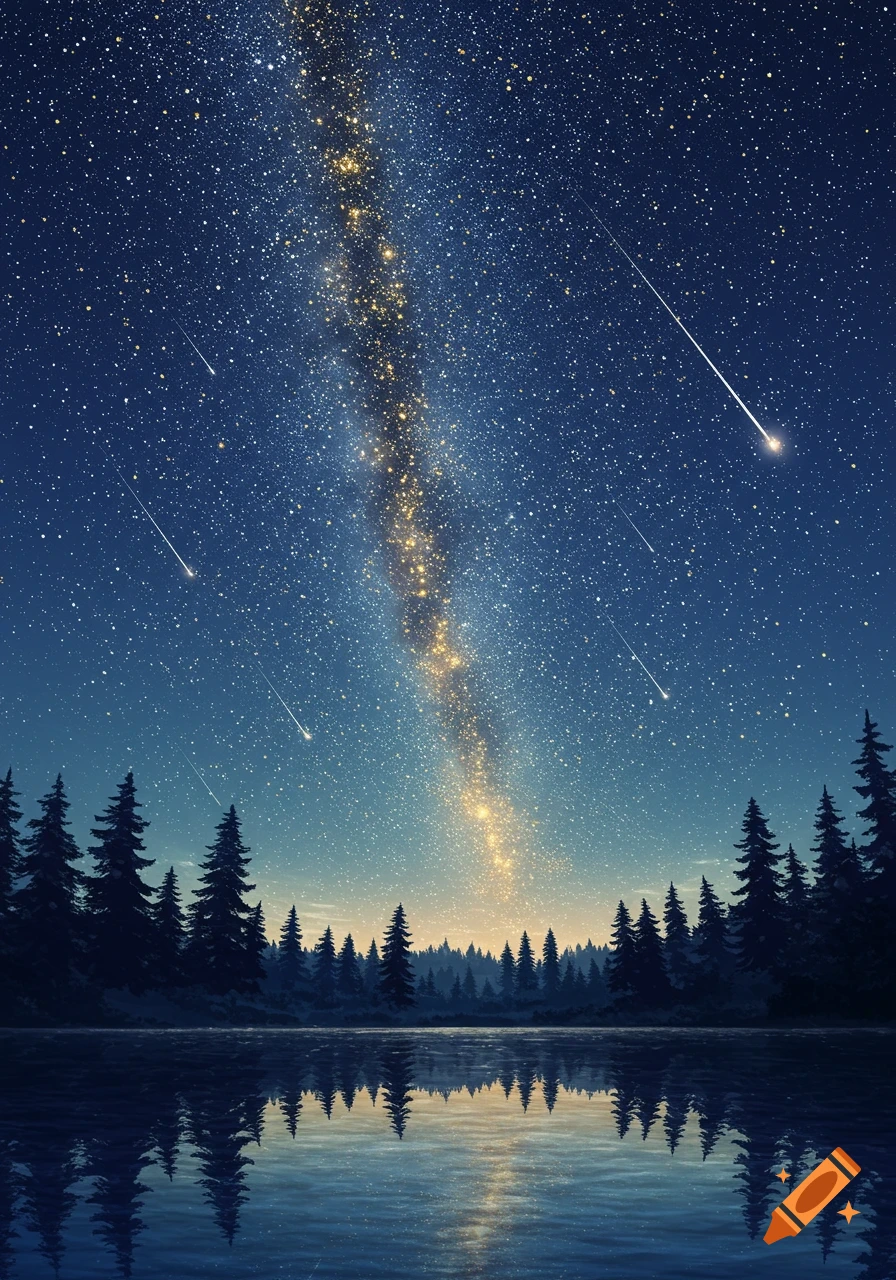 A vibrant starry night sky with the Milky Way and shooting stars over a forest and calm lake, reflecting the light.