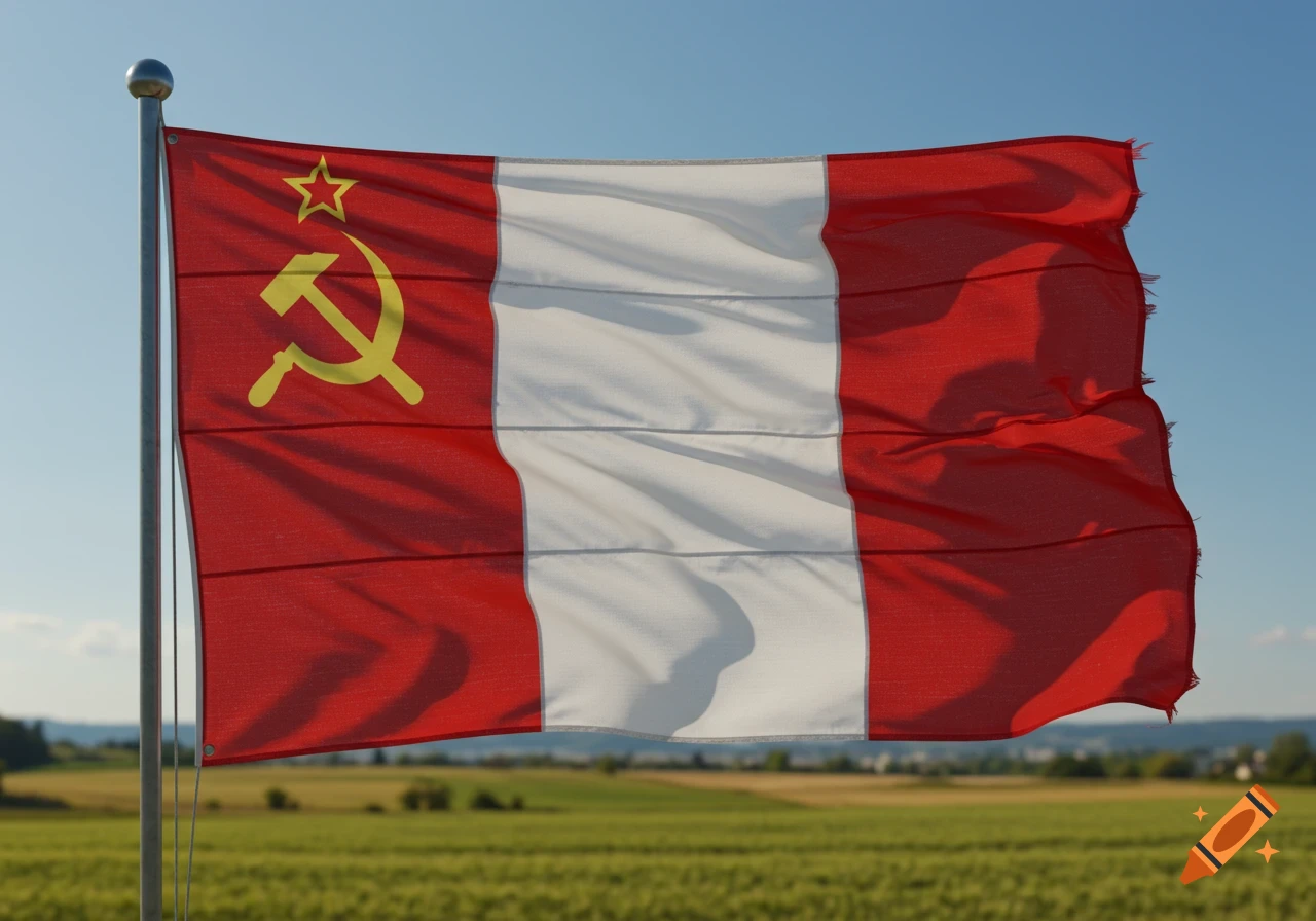 A red, white, and red flag with a yellow hammer and sickle and star on the left red stripe, waving in a sunny field under a blue sky.