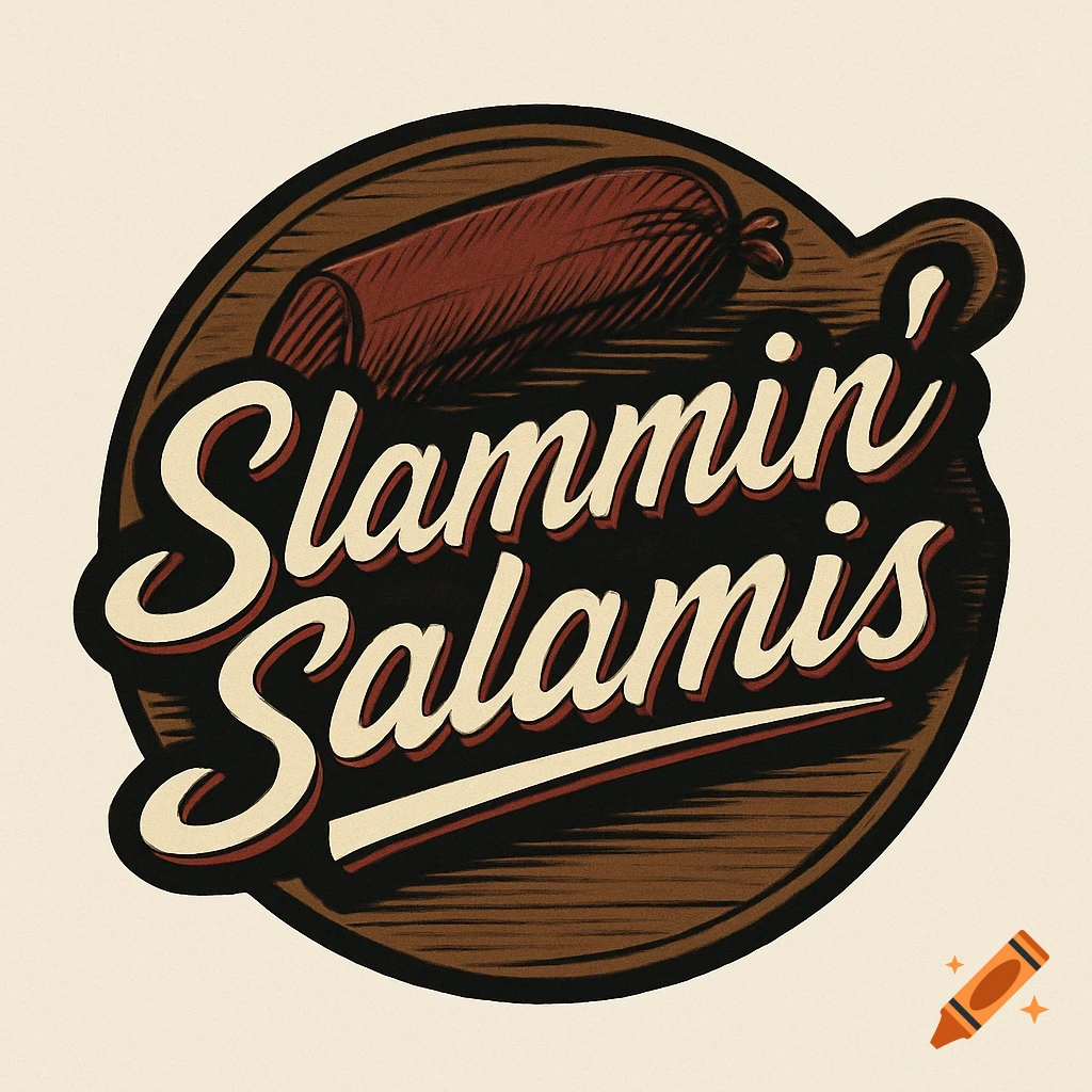Vintage-style logo for "Slammin' Salamis" with a salami on a wooden background, retro typography.