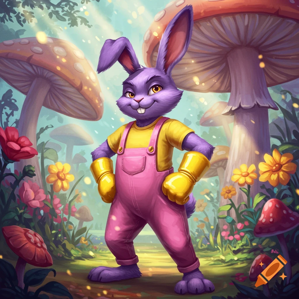 A purple rabbit with yellow eyes, a yellow smirk, yellow gloves, and pink overalls stands in a whimsical forest surrounded by large mushrooms and colorful flowers. Stylized illustration.