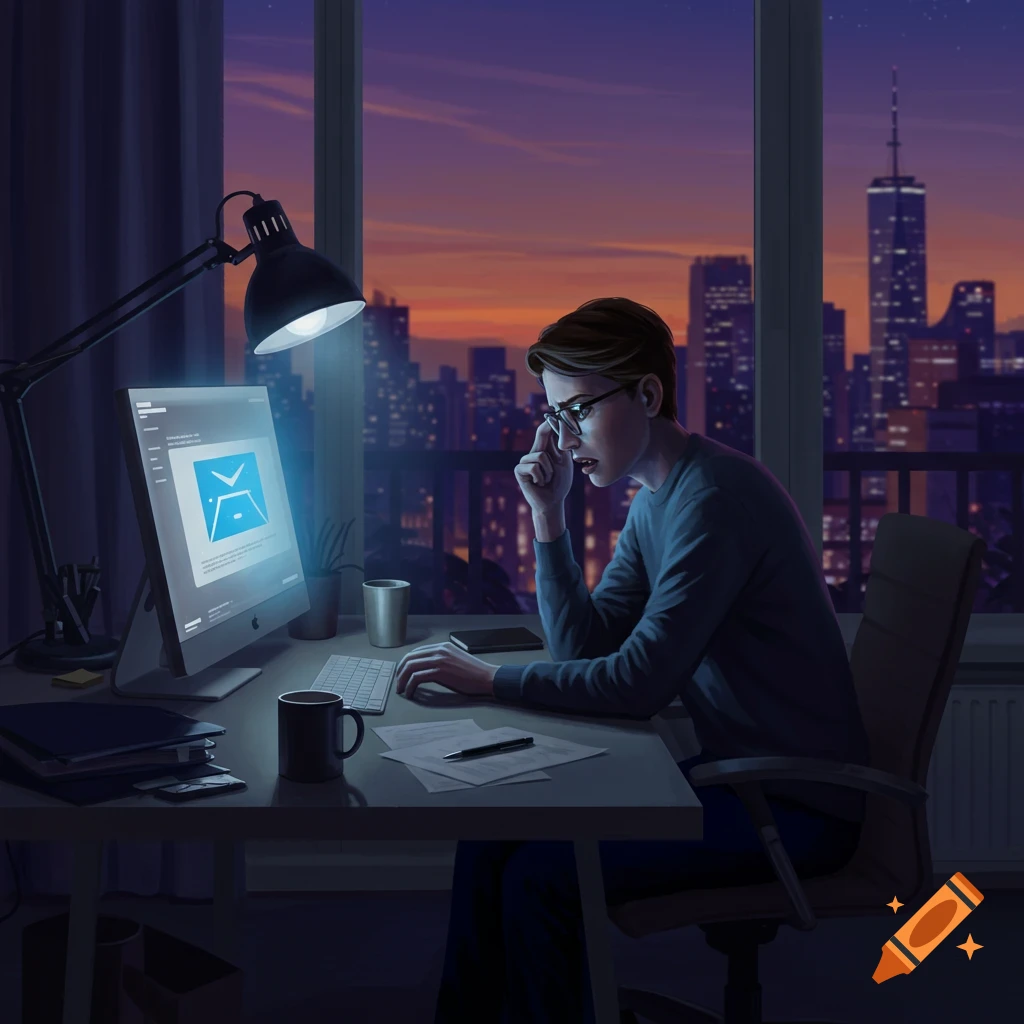 A man looking upset at a computer screen while working at a desk, with a city skyline visible outside at sunset. Digital art.