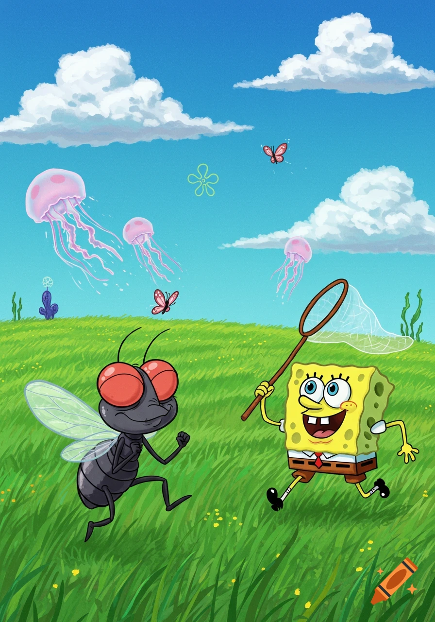 Cartoon SpongeBob SquarePants and a fly-like creature run through a grassy field, chasing pink jellyfish in a blue sky.