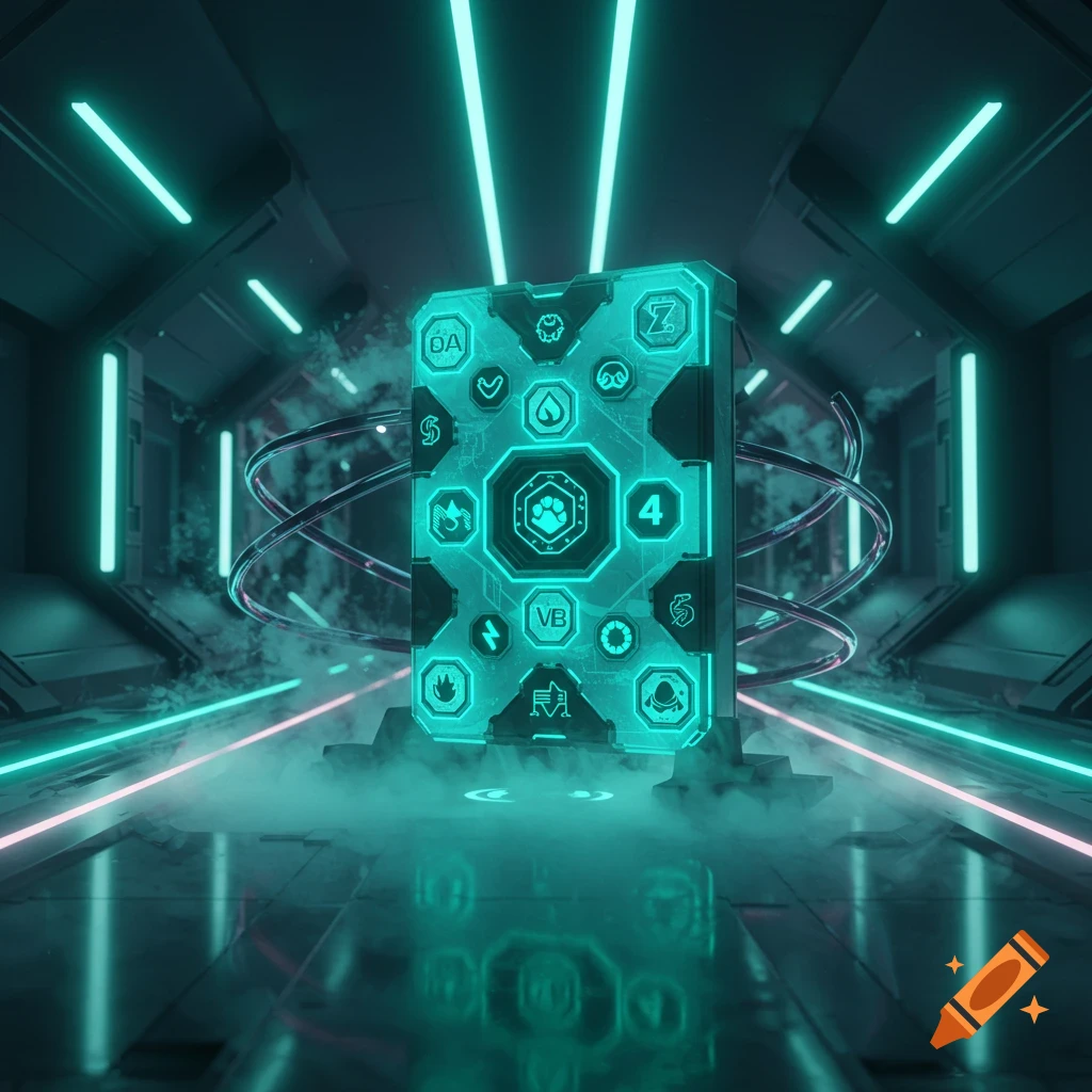 A glowing futuristic token board with symbols and text, floating in a smoky sci-fi corridor with neon lights.