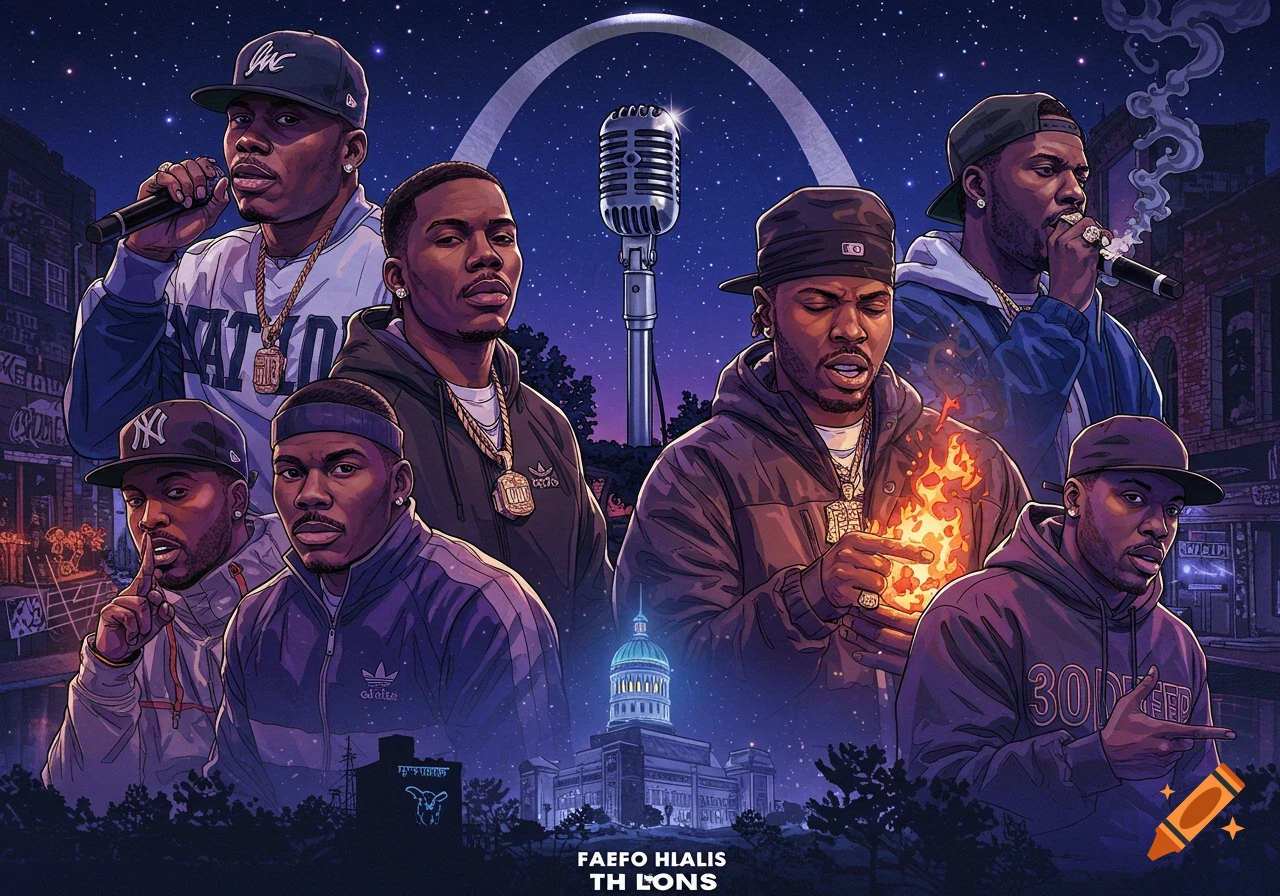 An urban illustration featuring several male rappers in varying poses against a starry night sky with city buildings and a large microphone. A prominent arch-like structure is in the background.