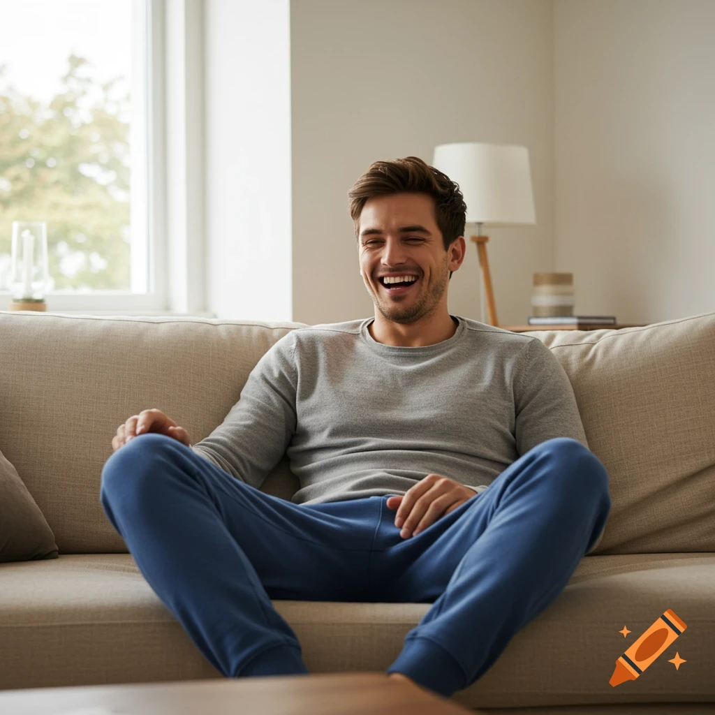 A photorealistic image of a laughing young man in a gray sweater and blue sweatpants sitting on a couch in a living room.