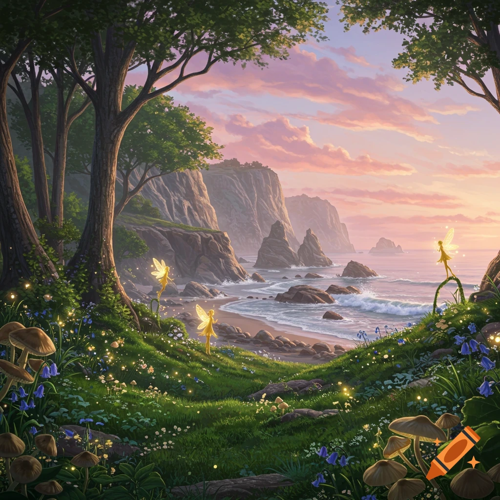 An enchanted forest overlooking a rocky ocean beach with crashing waves and glowing fairies under a pink sunset sky.