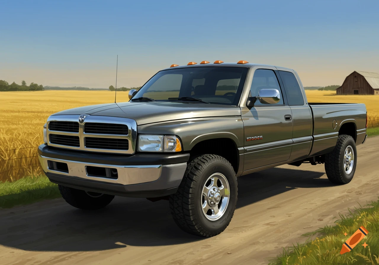 A grey Dodge Ram 2500 pickup truck on a dirt road in a golden wheat field with a barn in the background.
