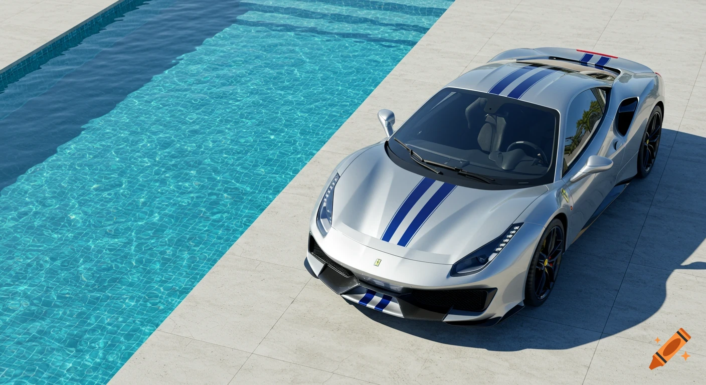 A silver Ferrari 488 Pista with blue racing stripes parked on concrete next to a clear blue swimming pool.