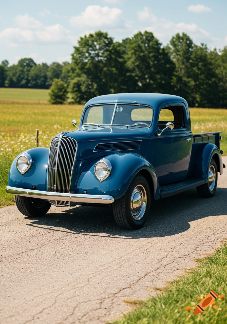 A photorealistic image of a dark blue vintage pickup truck parked on a sunny dirt road in a field with green trees.