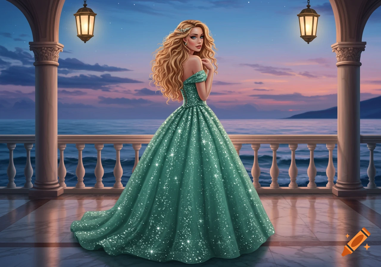 Beautiful woman with long blond hair in a sparkling sea-green ball gown on a balcony overlooking the sea at sunset.