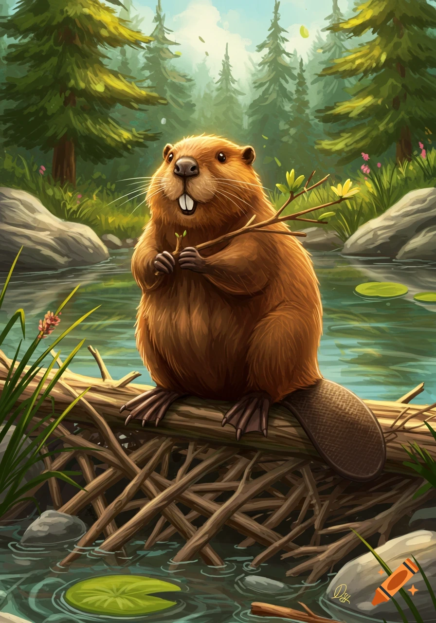 A cartoonish beaver with a big smile sits on a log dam in a forest river, holding a leafy twig.