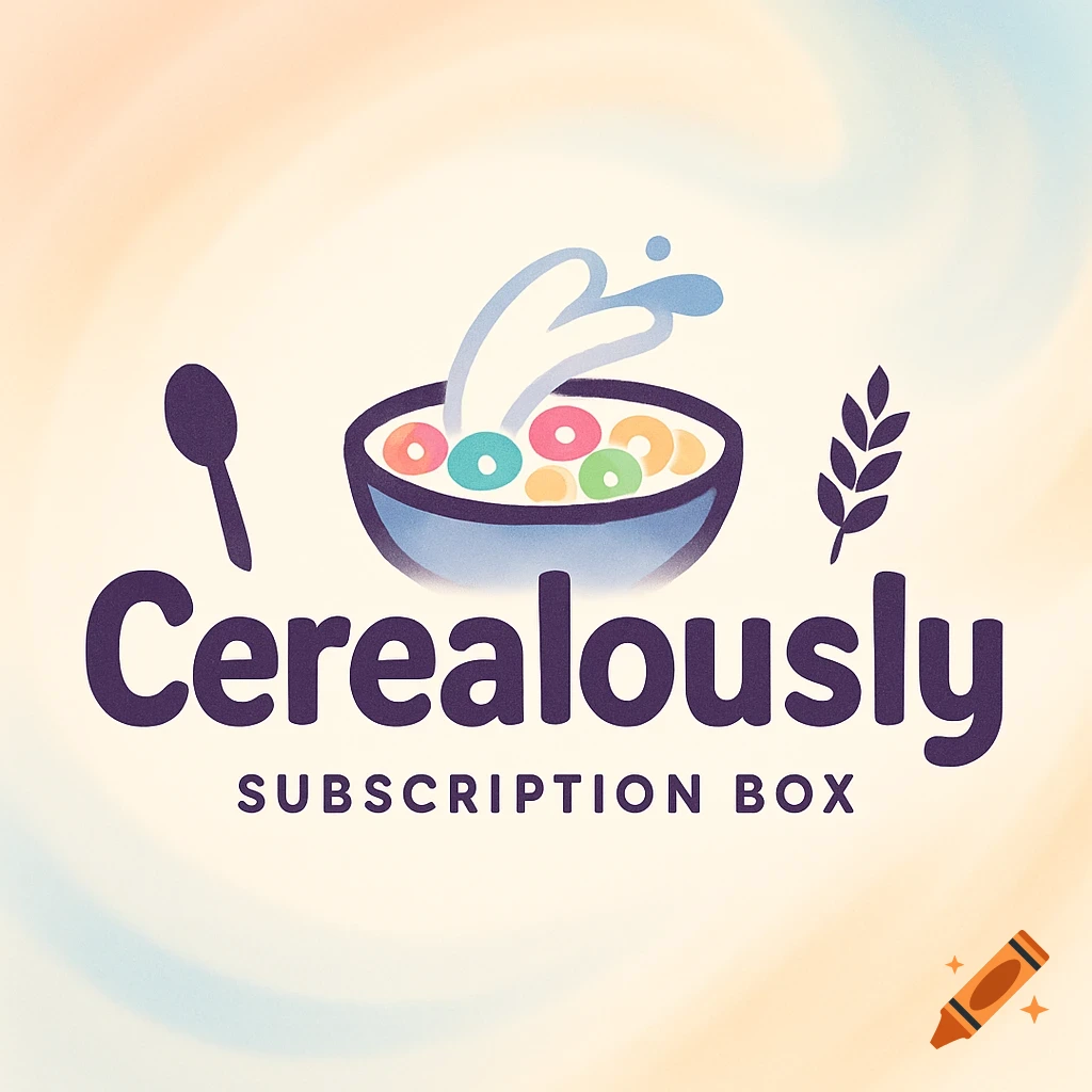 Logo for 'Cerealously Subscription Box' featuring a bowl of colorful cereal, splashing milk, a spoon, and a wheat stalk.