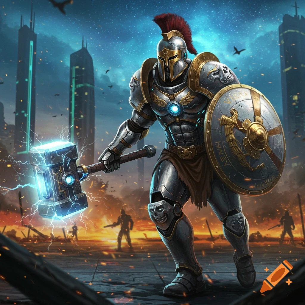 A heavily armored sci-fi warrior with a Greek-style helmet and shield, holding a glowing, sparking hammer, stands in a futuristic ruined city at sunset.