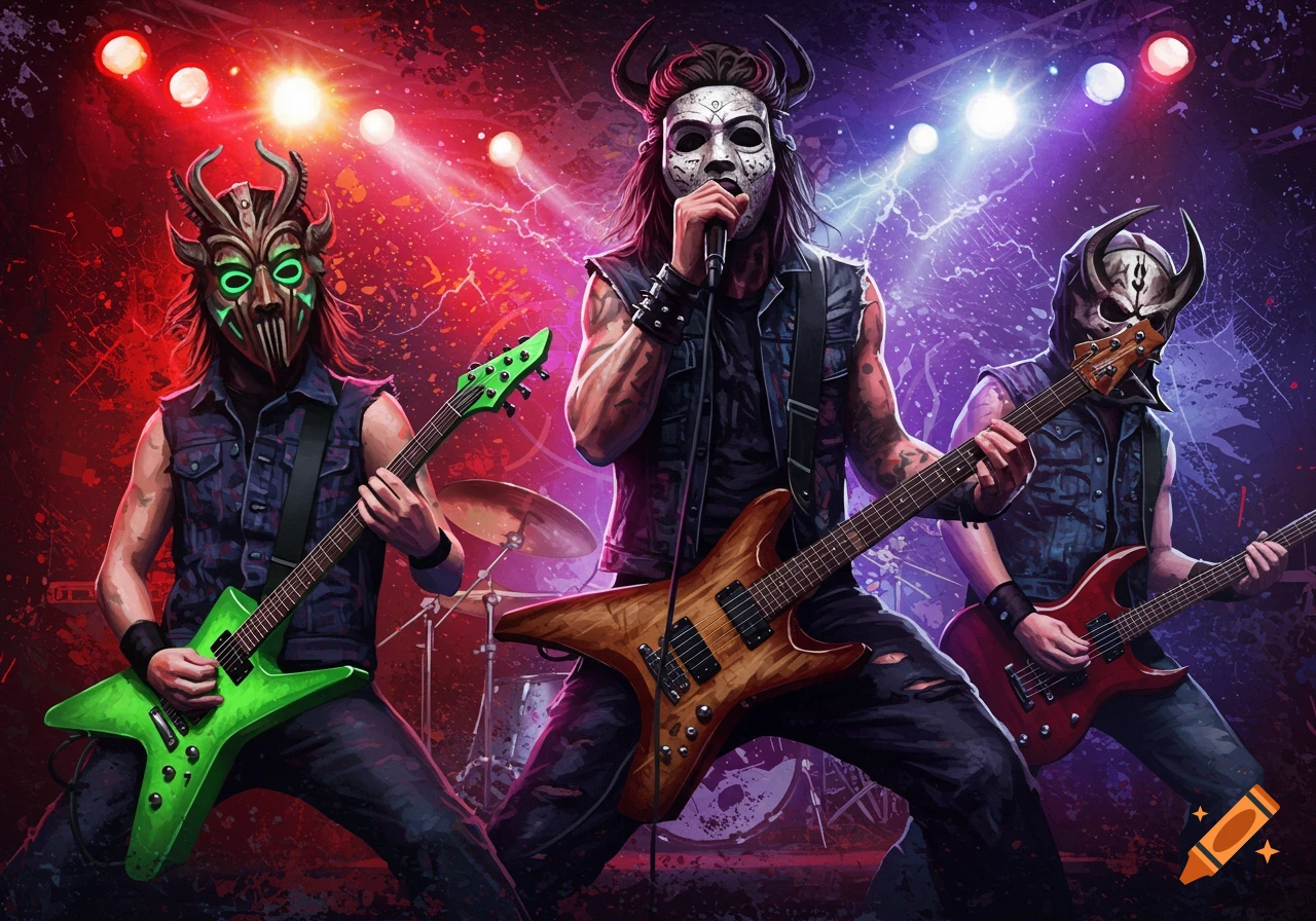 Masked heavy metal band playing live concert on stage with vibrant red and purple lights, graffiti art style.
