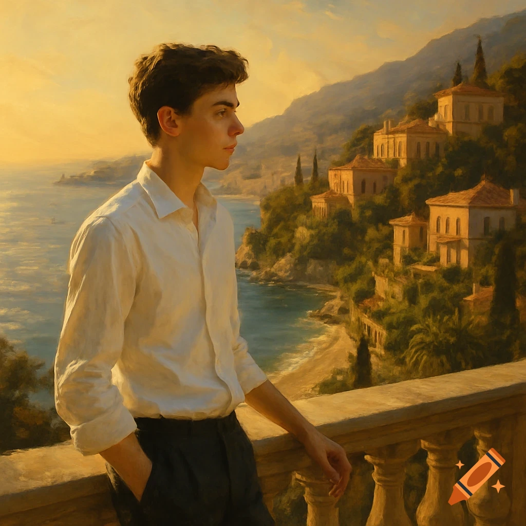 Painterly image of a young man in a white shirt on a balcony, overlooking a sunny coastal town.