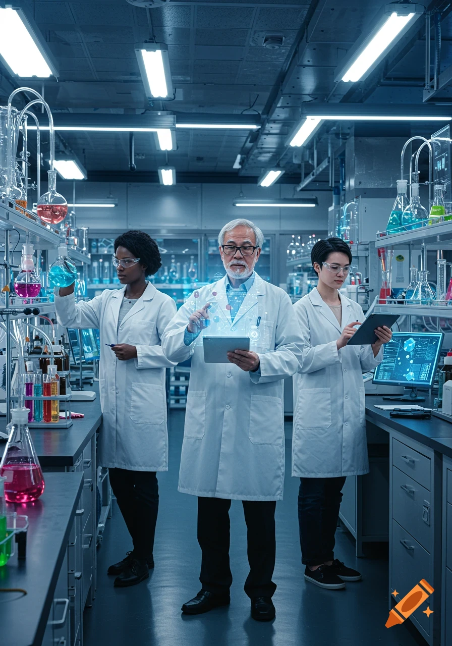 Three diverse scientists in lab coats in a futuristic chemistry lab, working with colorful beakers and holographic interfaces.