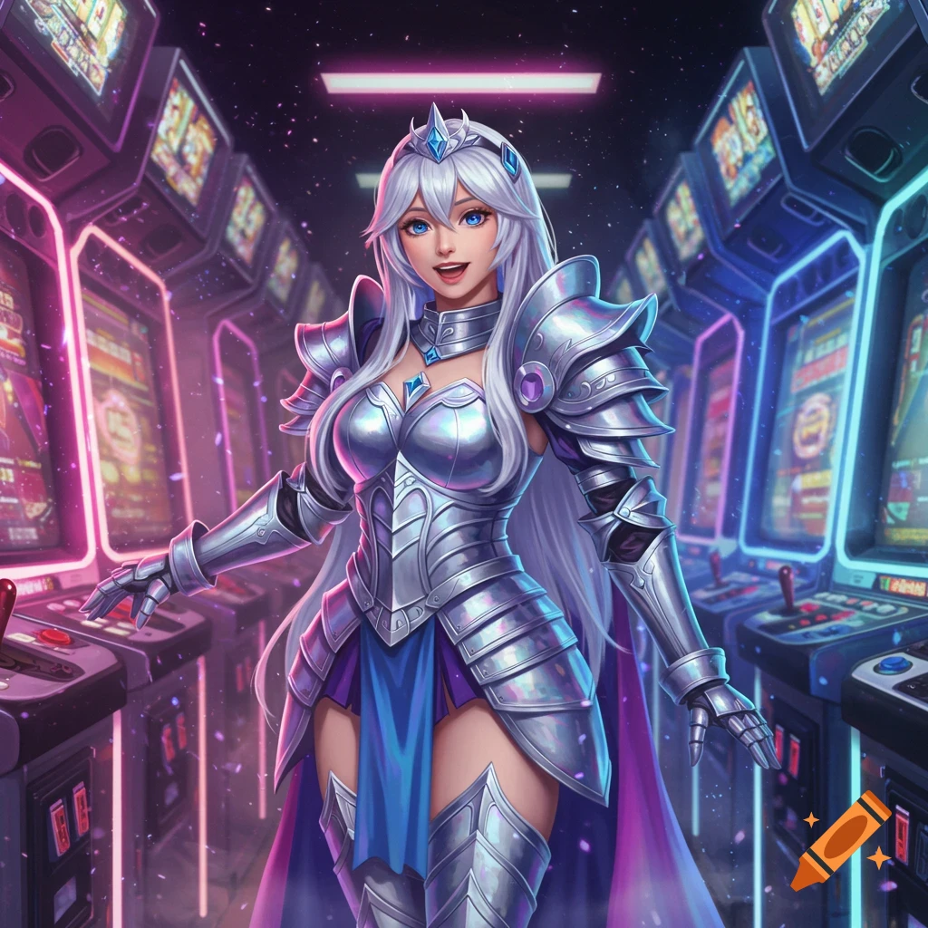 An anime girl with long silver hair and blue eyes, wearing silver fantasy armor, stands smiling in a neon-lit arcade.