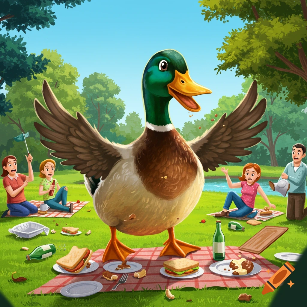 A giant cartoon duck flaps its wings over a disrupted picnic, as four people react in surprise in a sunny park by a pond.