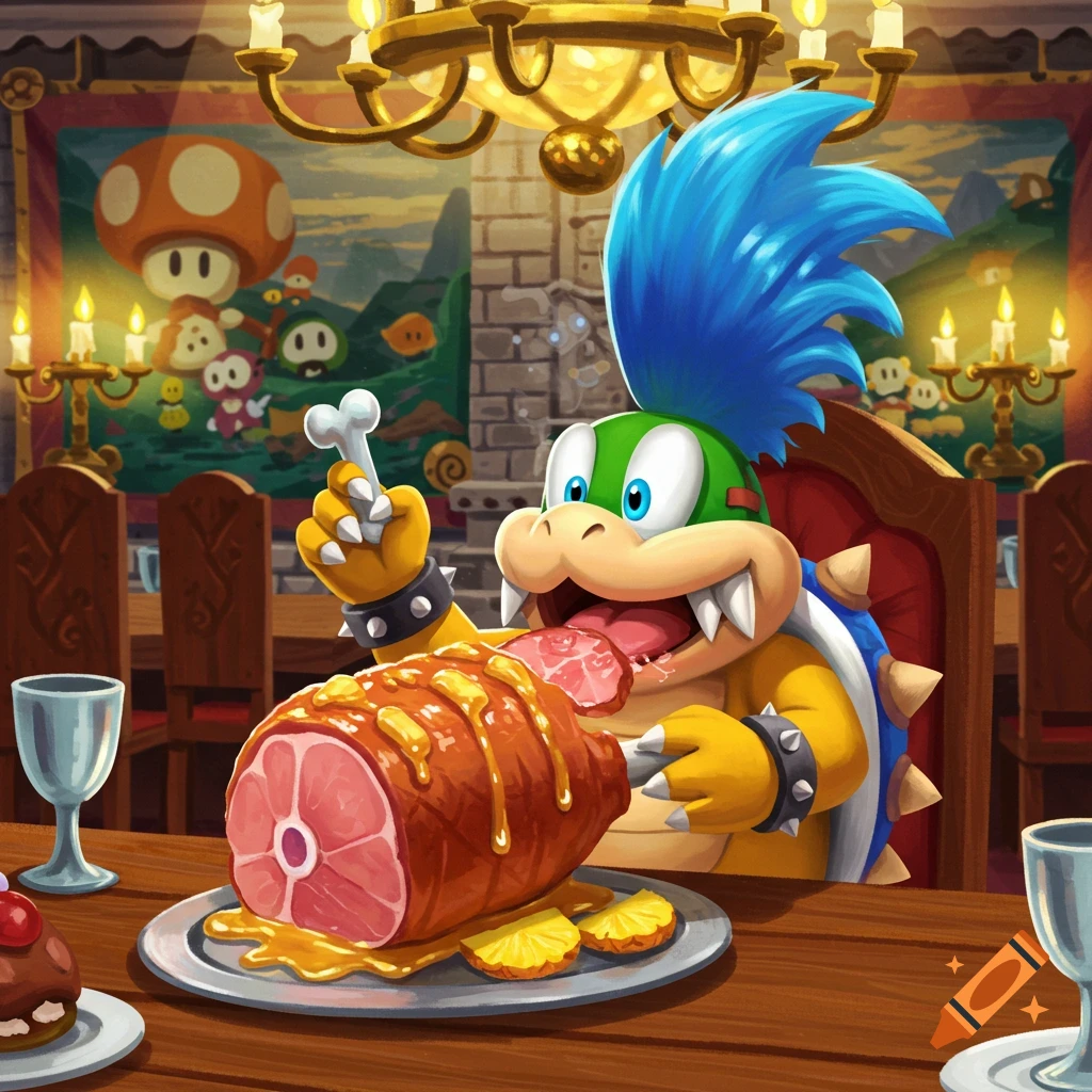 Cartoon illustration of Larry Koopa with blue hair, eating a large glazed ham at a dining table.