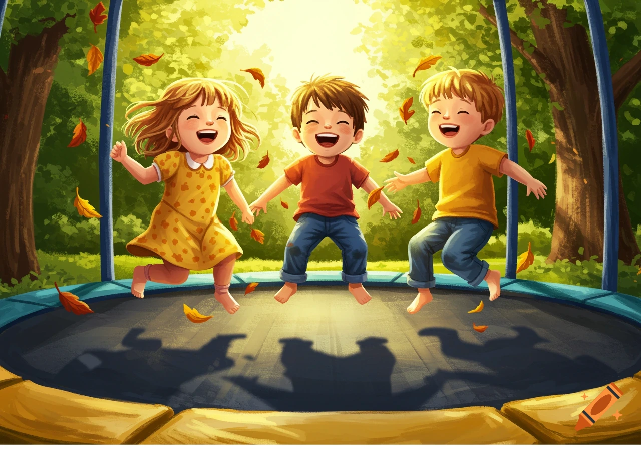 Three happy cartoon children, two boys and one girl, laugh as they jump on a trampoline with colorful autumn leaves falling around them in a sunny park.