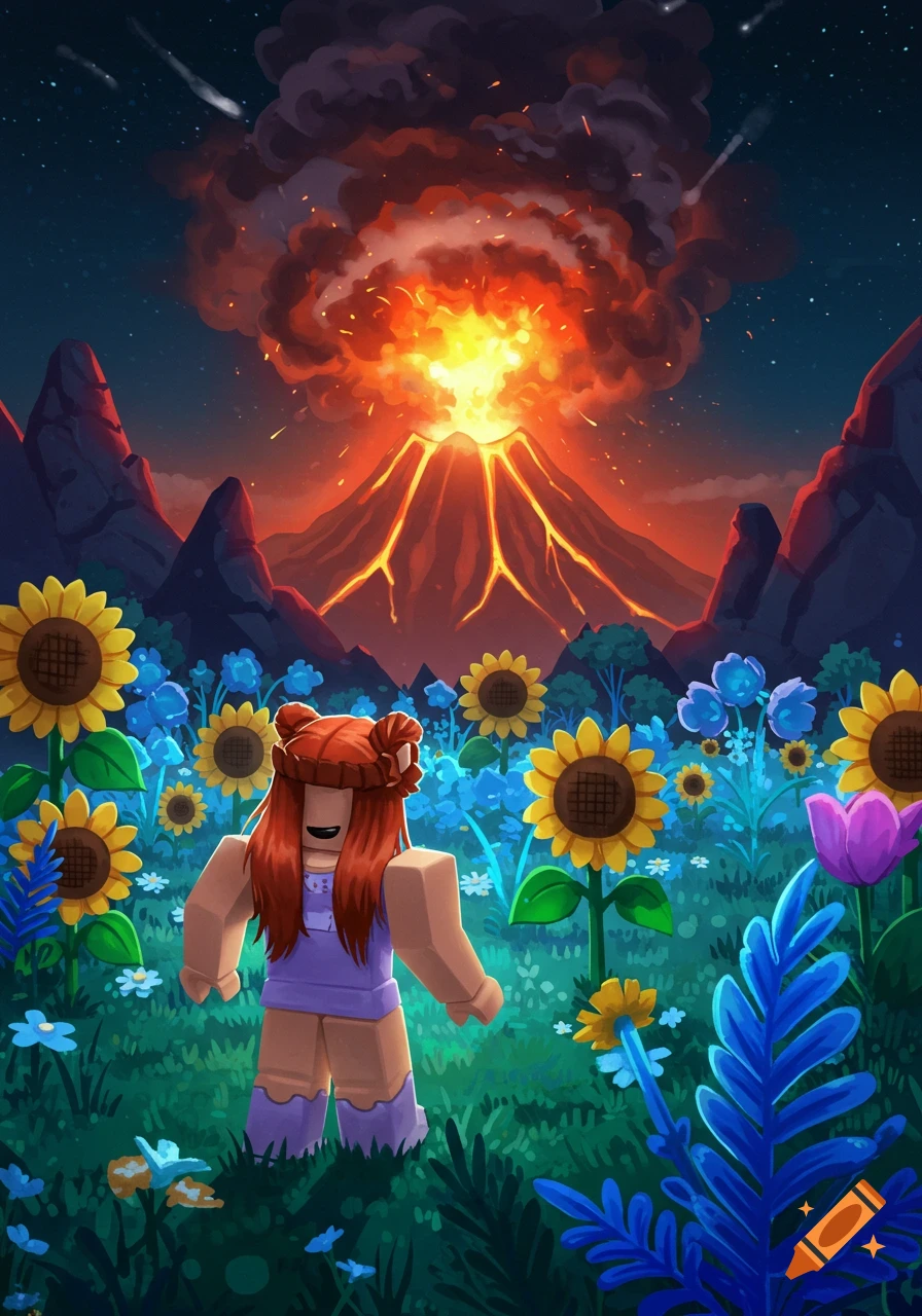 Roblox girl avatar in a field of sunflowers and blue flowers, gazing at an erupting volcano under a starry night sky, in an illustrative style.