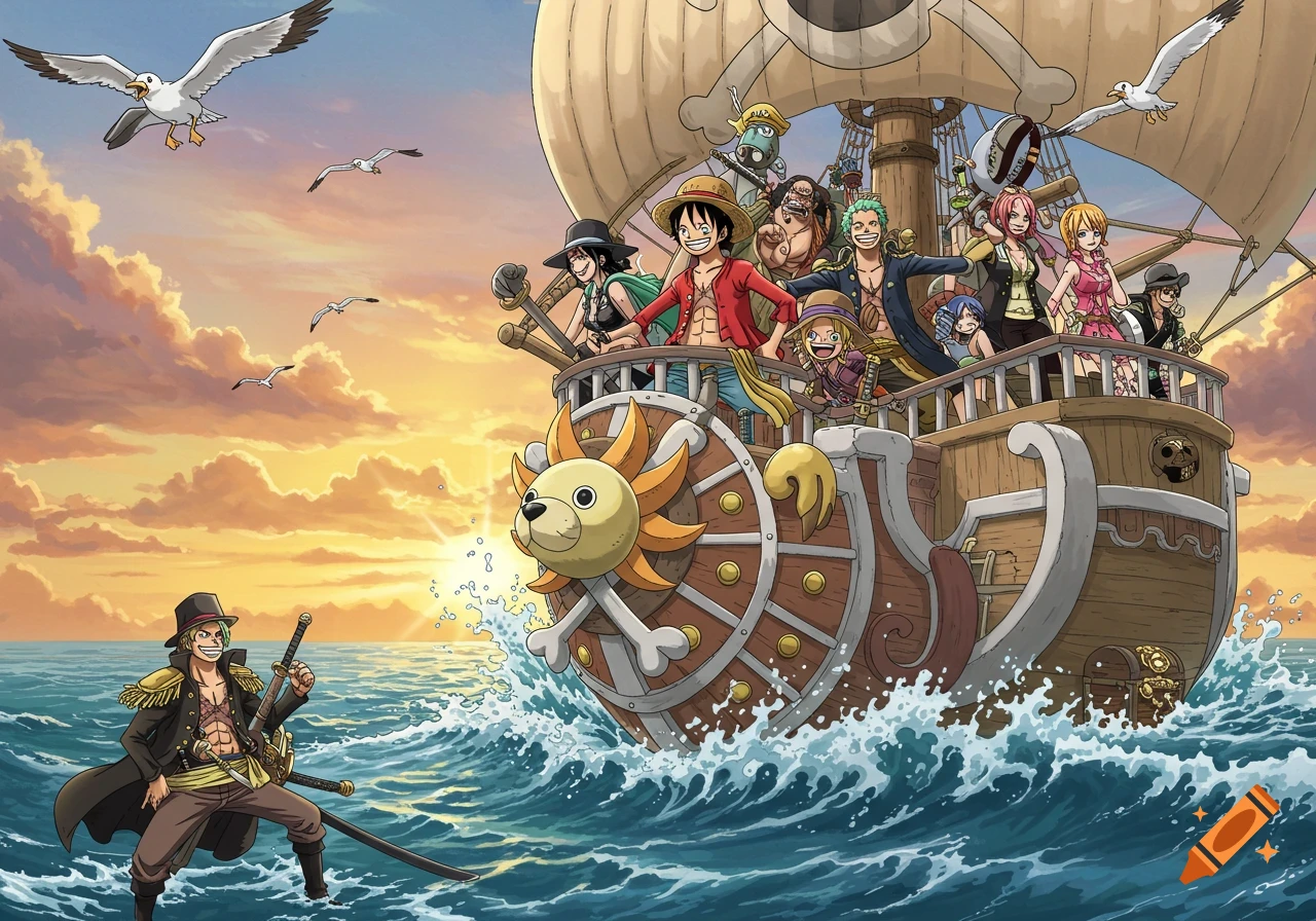 Anime style illustration of the Straw Hat Pirates crew on the Thousand Sunny ship, sailing at sunset. A character stands in the ocean.