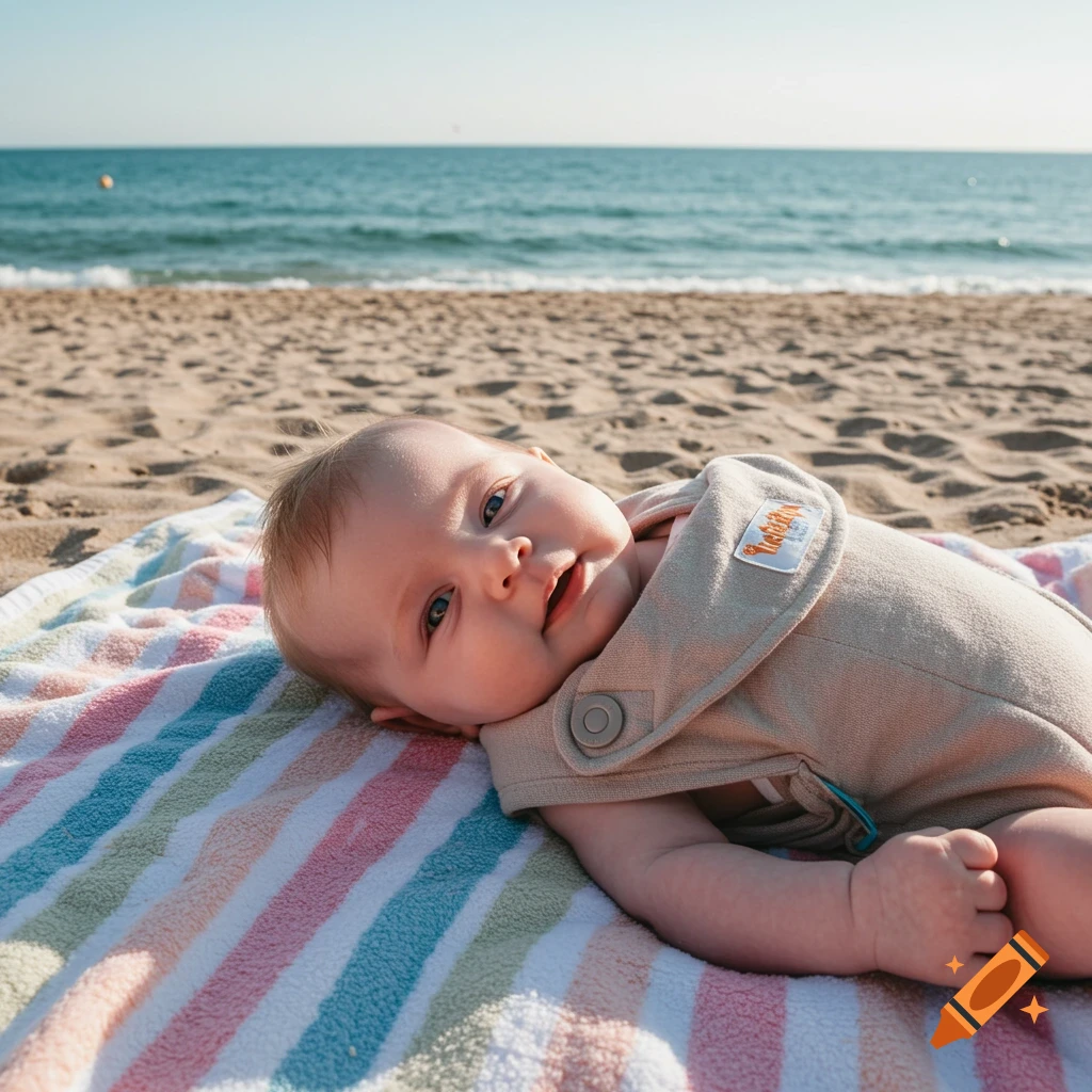 A happy baby with blue eyes lies on a striped towel on a sandy beach next to the ocean, looking at the camera.