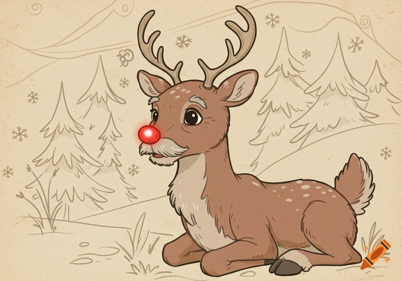A cartoon illustration of Rudolph the Red-Nosed Reindeer with a gray mustache lying in a snowy forest scene with sketched pine trees.