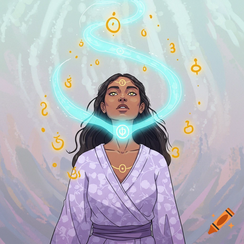 Cartoon woman in a purple robe with glowing energy flowing from her throat, surrounded by golden spiritual symbols.
