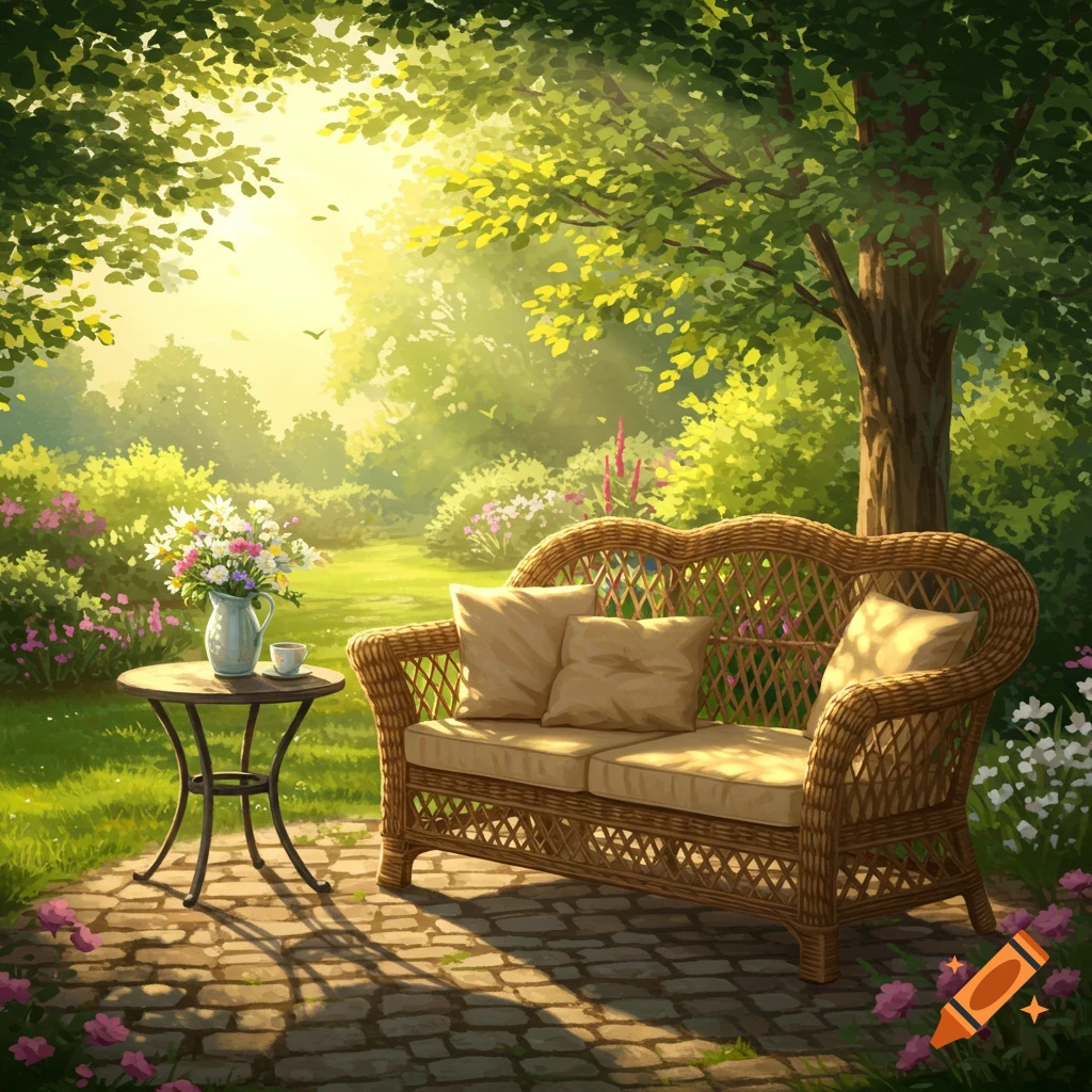 Illustrative painting of a sunny garden patio with a wicker sofa, table, and flowers amidst lush greenery.