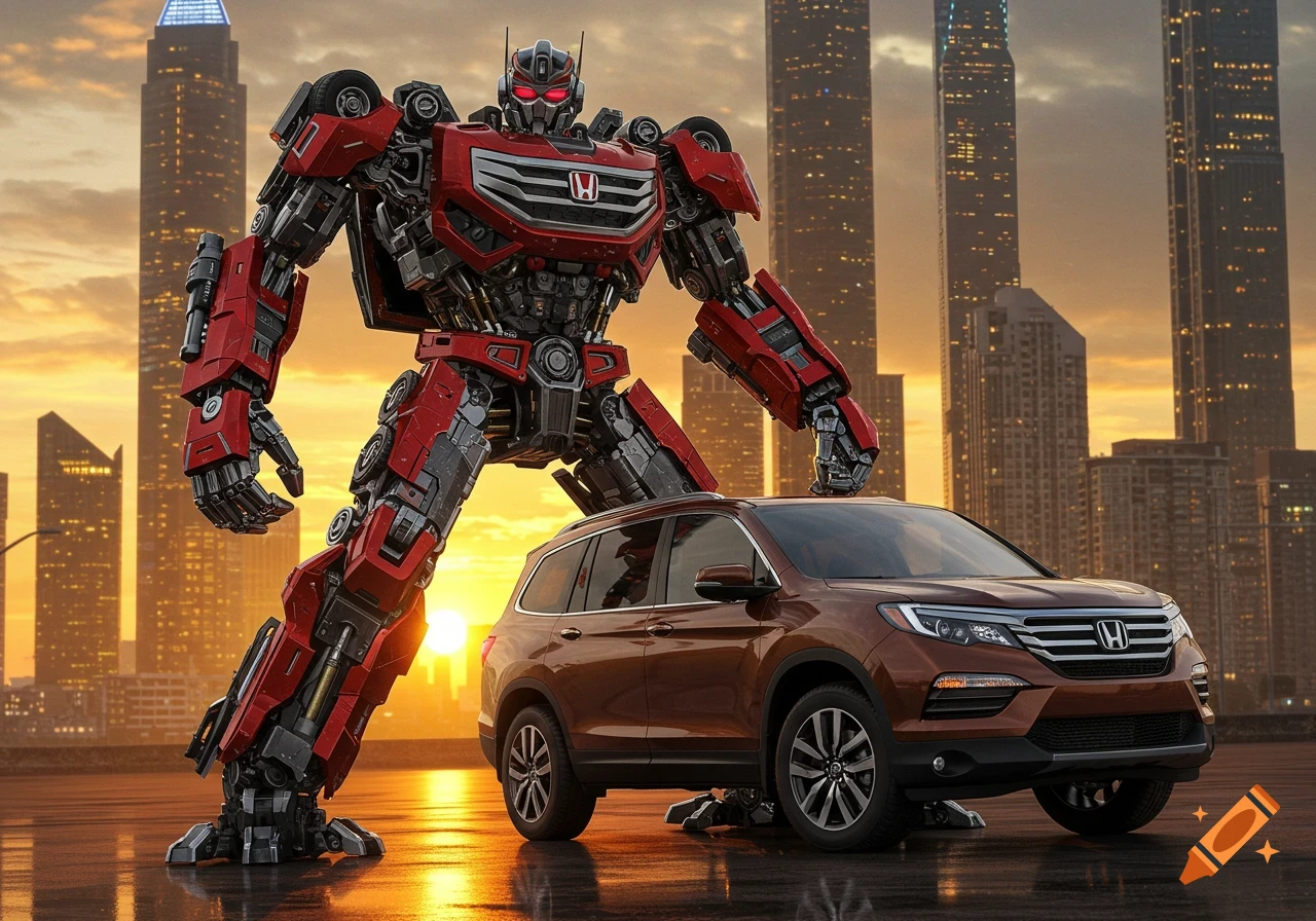 A photorealistic image of a red transformer robot with one foot on a brown Honda Pilot SUV in a city at sunset.