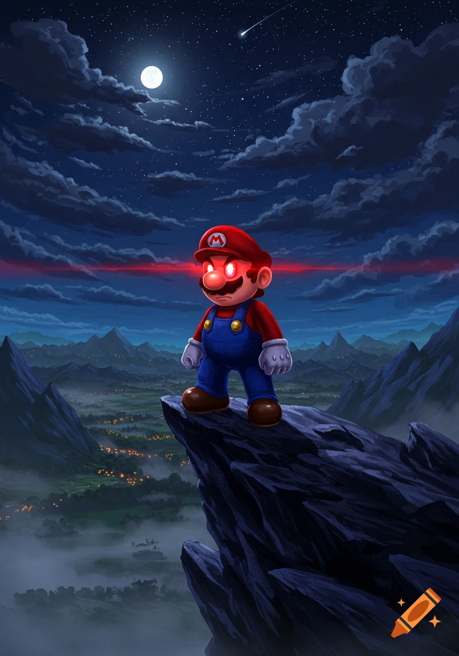 Super Mario with glowing red eyes stands on a mountain peak at night, overlooking a misty valley with distant lights.