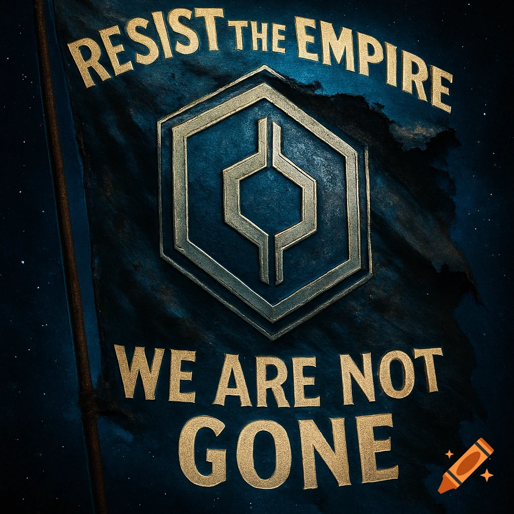 A dark blue flag with gold text 'RESIST THE EMPIRE WE ARE NOT GONE' and a gold hexagonal symbol, set against a starry background.
