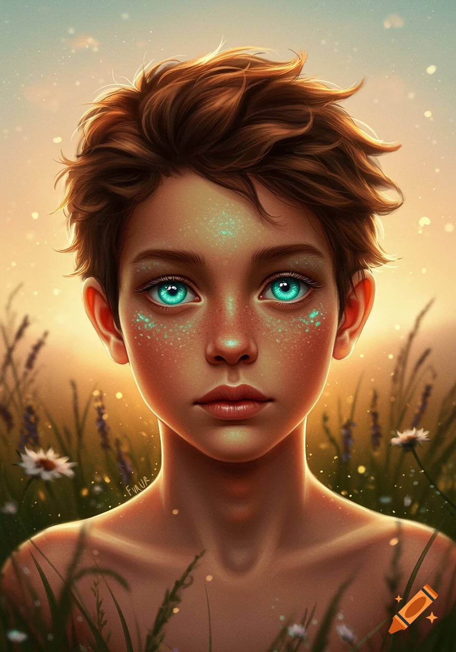 Portrait of a young person with bright turquoise eyes, glittery skin, and brown messy hair, in a field with wildflowers at sunset.