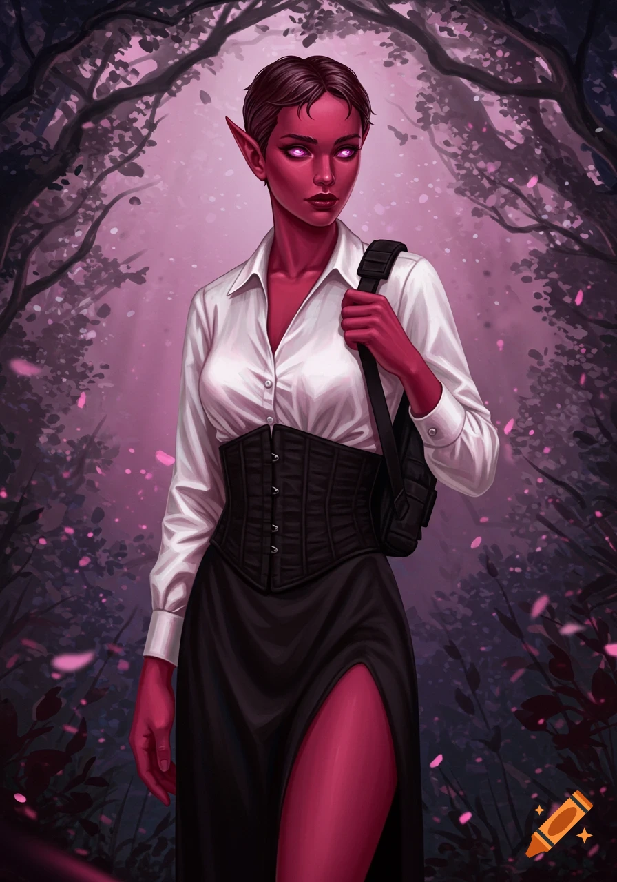 A beautiful female elf with dark red skin, pink eyes, and short dark hair wears a white blouse, black corset, and long black dress with a slit, holding a tactical backpack, standing in a magical pink forest. Digital painting.