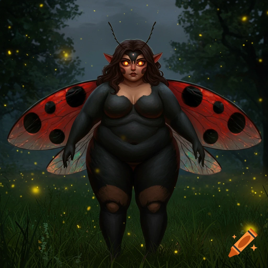 A fantasy ladybug-humanoid creature with red eyes and large red and black spotted wings stands in a dark forest clearing with fireflies. The figure is chubby, with a black body, tan face, and brown hair.