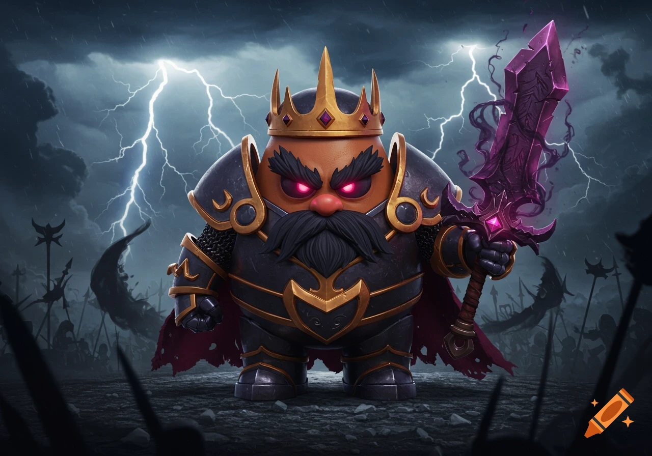 A chunky, 3D-rendered cartoon potato king in dark armor with a crown, holding a glowing purple greatsword on a stormy battlefield.