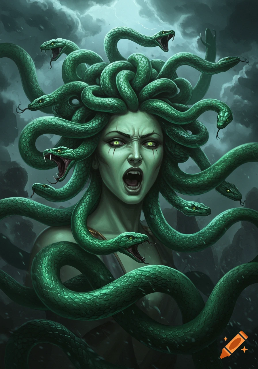 Highly detailed digital painting of an enraged Medusa with glowing green eyes and green snakes for hair, against a stormy sky.