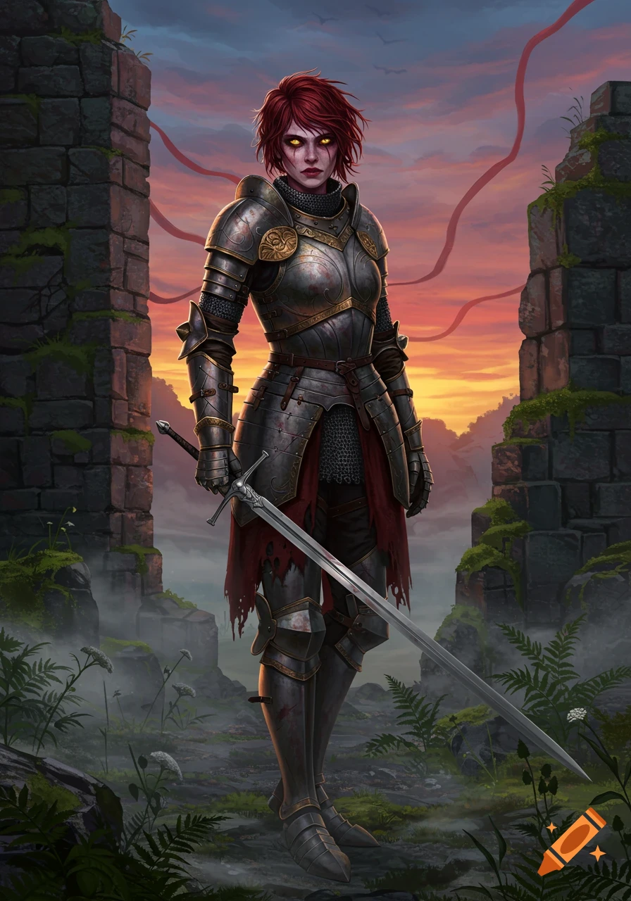 A fantasy medieval warrior woman with red hair, yellow eyes, in full armor, holding a sword amid ruins at sunset.